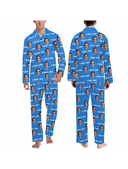 Interestprint Custom Face Pajama Set for Men Picture Print Personalized Long Sleeve Sleepwear Button Down Nightwear Gift for Husband