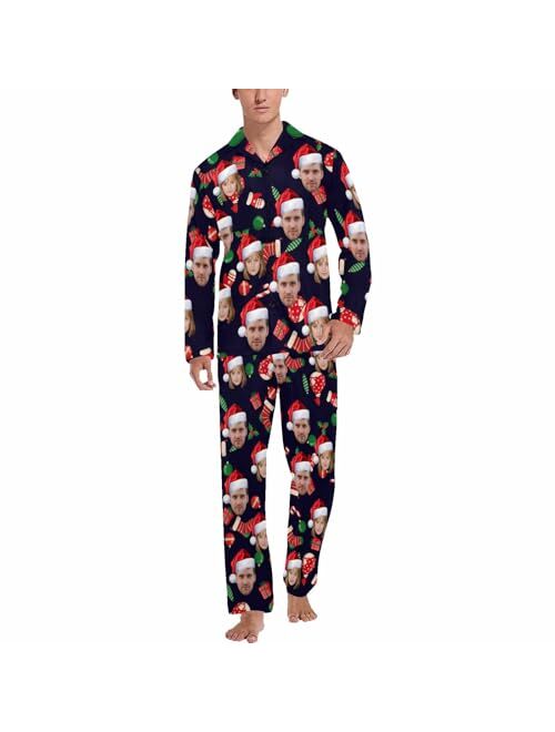 Interestprint Custom Face Pajama Set for Men Picture Print Personalized Long Sleeve Sleepwear Button Down Nightwear Gift for Husband