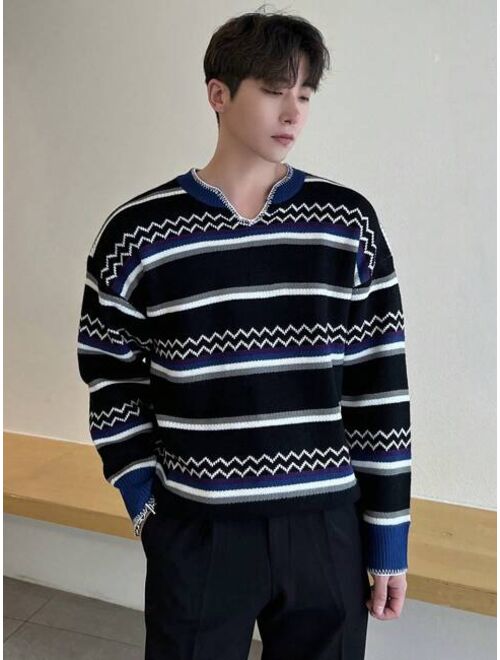 DAZY Men's Striped Notch Collar Drop Shoulder Sweater