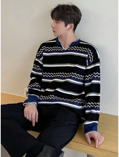 DAZY Men's Striped Notch Collar Drop Shoulder Sweater