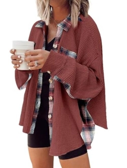 SHEWIN Womens Waffle Knit Plaid Shacket Boyfriend Button Down Shirt Jacket Loose Long Sleeve Tops