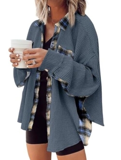 SHEWIN Womens Waffle Knit Plaid Shacket Boyfriend Button Down Shirt Jacket Loose Long Sleeve Tops