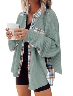 SHEWIN Womens Waffle Knit Plaid Shacket Boyfriend Button Down Shirt Jacket Loose Long Sleeve Tops