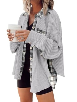 SHEWIN Womens Waffle Knit Plaid Shacket Boyfriend Button Down Shirt Jacket Loose Long Sleeve Tops