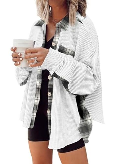 SHEWIN Womens Waffle Knit Plaid Shacket Boyfriend Button Down Shirt Jacket Loose Long Sleeve Tops