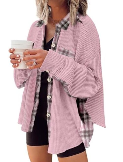 SHEWIN Womens Waffle Knit Plaid Shacket Boyfriend Button Down Shirt Jacket Loose Long Sleeve Tops