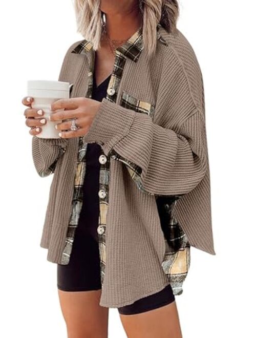 SHEWIN Womens Waffle Knit Plaid Shacket Boyfriend Button Down Shirt Jacket Loose Long Sleeve Tops