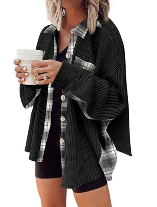 SHEWIN Womens Waffle Knit Plaid Shacket Boyfriend Button Down Shirt Jacket Loose Long Sleeve Tops