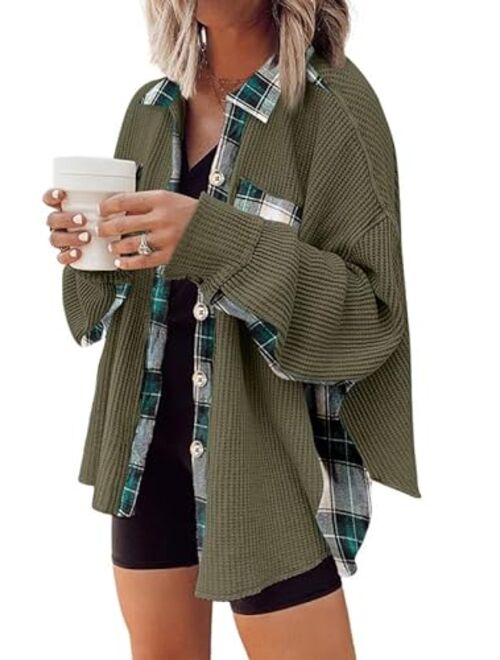 SHEWIN Womens Waffle Knit Plaid Shacket Boyfriend Button Down Shirt Jacket Loose Long Sleeve Tops