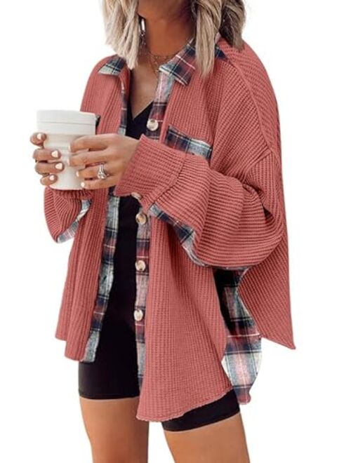 SHEWIN Womens Waffle Knit Plaid Shacket Boyfriend Button Down Shirt Jacket Loose Long Sleeve Tops