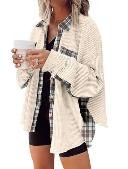 SHEWIN Womens Waffle Knit Plaid Shacket Boyfriend Button Down Shirt Jacket Loose Long Sleeve Tops