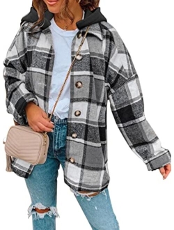 SHEWIN Womens Long Sleeve Button Down Plaid Shirts Flannel Hooded Shacket Jacket Hoodie Coats