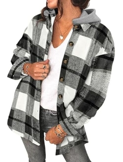 SHEWIN Womens Long Sleeve Button Down Plaid Shirts Flannel Hooded Shacket Jacket Hoodie Coats