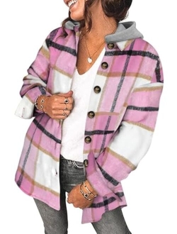 SHEWIN Womens Long Sleeve Button Down Plaid Shirts Flannel Hooded Shacket Jacket Hoodie Coats