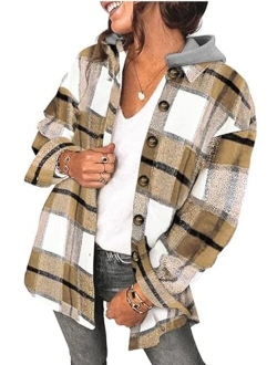 SHEWIN Womens Long Sleeve Button Down Plaid Shirts Flannel Hooded Shacket Jacket Hoodie Coats