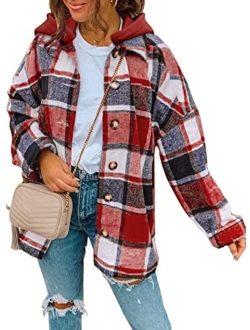 SHEWIN Womens Long Sleeve Button Down Plaid Shirts Flannel Hooded Shacket Jacket Hoodie Coats