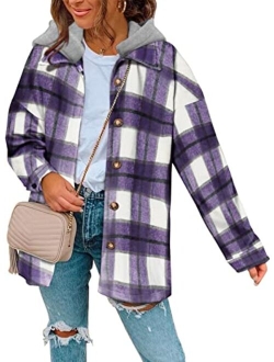 SHEWIN Womens Long Sleeve Button Down Plaid Shirts Flannel Hooded Shacket Jacket Hoodie Coats