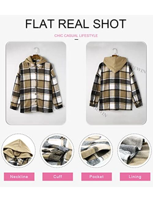 SHEWIN Womens Long Sleeve Button Down Plaid Shirts Flannel Hooded Shacket Jacket Hoodie Coats