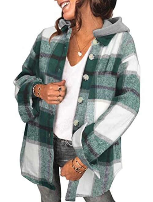 SHEWIN Womens Long Sleeve Button Down Plaid Shirts Flannel Hooded Shacket Jacket Hoodie Coats