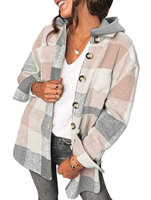 SHEWIN Womens Long Sleeve Button Down Plaid Shirts Flannel Hooded Shacket Jacket Hoodie Coats