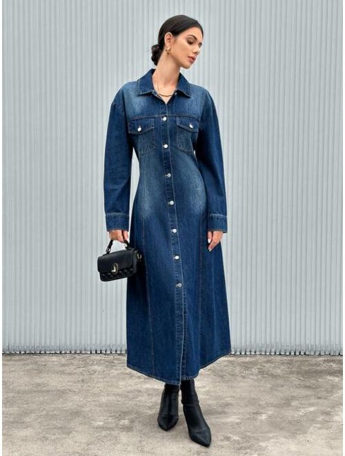 SHEIN Essnce Flap Pocket Long Sleeve Denim Dress