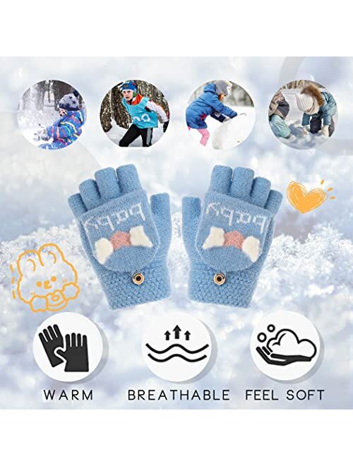 Campsis Kids Knit Winter Gloves Baby Blue Fingerless Warm Gloves Convertible Flip Top Gloves Thermal Cable Knitted Gloves for Boys Girls Supplies 2-6 Years