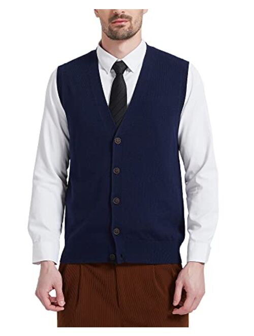 Kallspin Men's Sweater Vest Wool Blend V-Neck Button Sleeveless Cardigan Vest Sweater