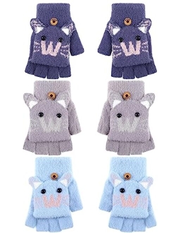 Geyoga 3 Pairs Kids Fingerless Gloves Convertible Flip Top Gloves Winter Warm Half Finger Mitten for Kids Boy Girl 5-10 Years