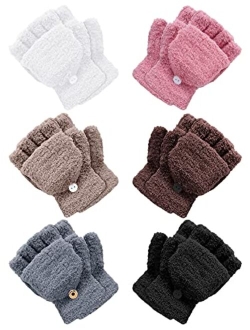 Geyoga 6 Pairs Kids Fingerless Gloves Winter Flip Top Gloves Knitted Mitten with Cover Convertible Warm Gloves for Toddler Boys Girl