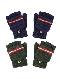 F Flammi Kids Winter Knitted Mitten Gloves Convertible Fingerless Gloves with Cover for Teen Boys Girls Aged 5-10, 2 Pairs