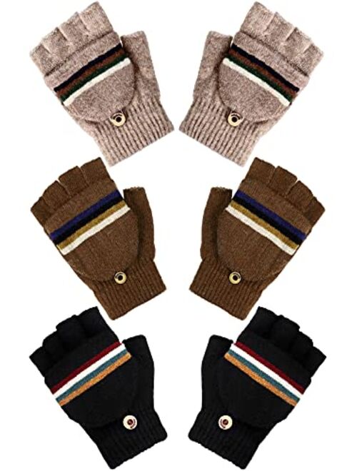 Newcotte 3 Pair Convertible Knitted Fingerless Gloves Kids Warm Winter Knit Flip Top Kids Mittens Gloves for Children Teens Aged 5-12