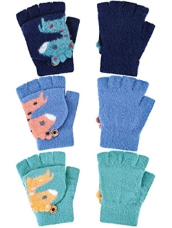 Bencailor 3 Pair Convertible Mittens Kids Knitted Warm Fingerless Gloves Toddler Cartoon Gloves with Mitten Cover for Boy Girl