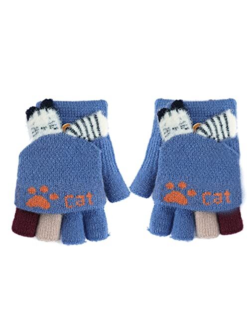 Holiberty Cute Baby Kids Wool Winter Fingerless Gloves Toddler Boys Girls Convertible Knit Mittens Warm Snow Gloves Age 3-10