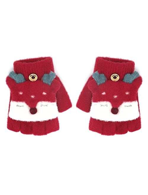 Holiberty Cute Baby Kids Wool Winter Fingerless Gloves Toddler Boys Girls Convertible Knit Mittens Warm Snow Gloves Age 3-10