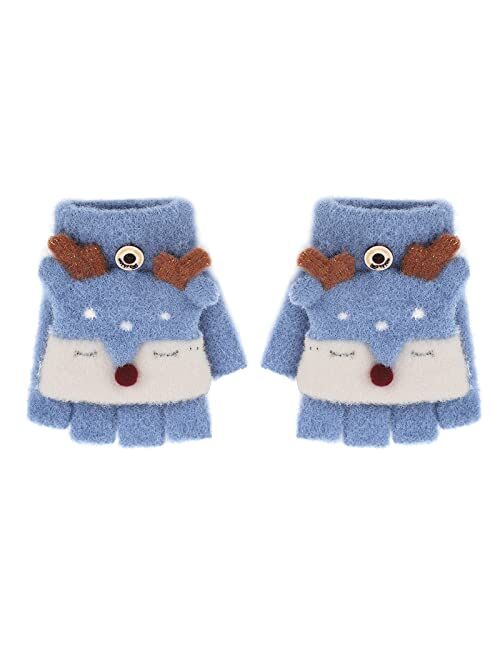 Holiberty Cute Baby Kids Wool Winter Fingerless Gloves Toddler Boys Girls Convertible Knit Mittens Warm Snow Gloves Age 3-10