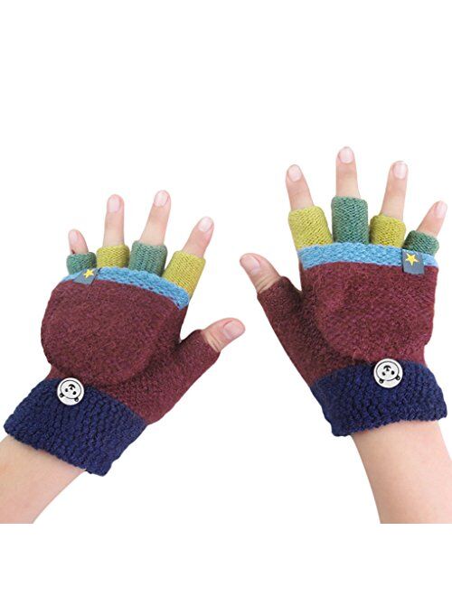 Holiberty Cute Baby Kids Wool Winter Fingerless Gloves Toddler Boys Girls Convertible Knit Mittens Warm Snow Gloves Age 3-10