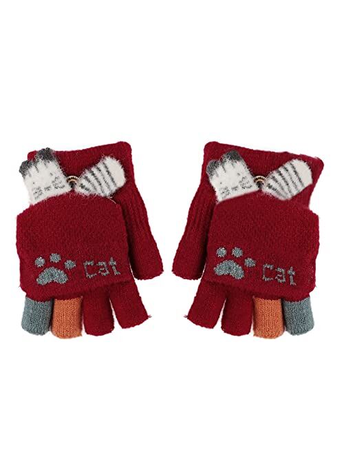 Holiberty Cute Baby Kids Wool Winter Fingerless Gloves Toddler Boys Girls Convertible Knit Mittens Warm Snow Gloves Age 3-10