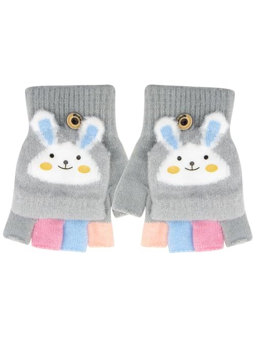 Zolunu Kids Fingerless Gloves Winter Warm Convertible Flip Top Gloves Soft Knit Lining and Cute Cartoon for Kids Boy Girls