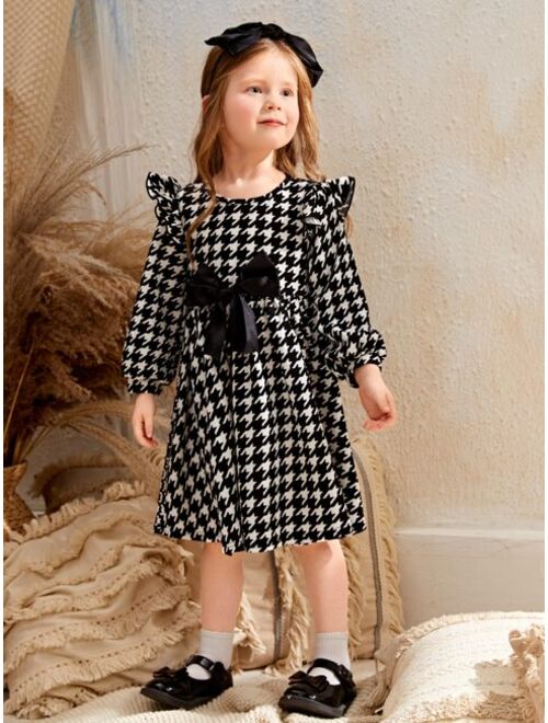 SHEIN Kids FANZEY Toddler Girls Houndstooth Print Bow Front Dress