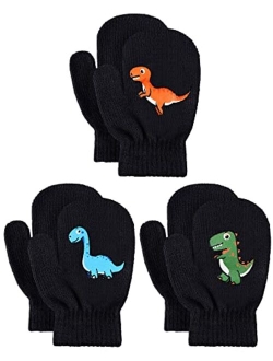 Geyoga 3 Pairs Kids Winter Mittens Winter Stretchy Knit Gloves Dinosaur Warm Mittens Full Finger Kids Gloves for Boys Girls Baby