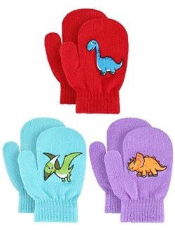 Geyoga 3 Pairs Kids Winter Mittens Winter Stretchy Knit Gloves Dinosaur Warm Mittens Full Finger Kids Gloves for Boys Girls Baby