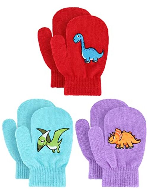 Geyoga 3 Pairs Kids Winter Mittens Winter Stretchy Knit Gloves Dinosaur Warm Mittens Full Finger Kids Gloves for Boys Girls Baby