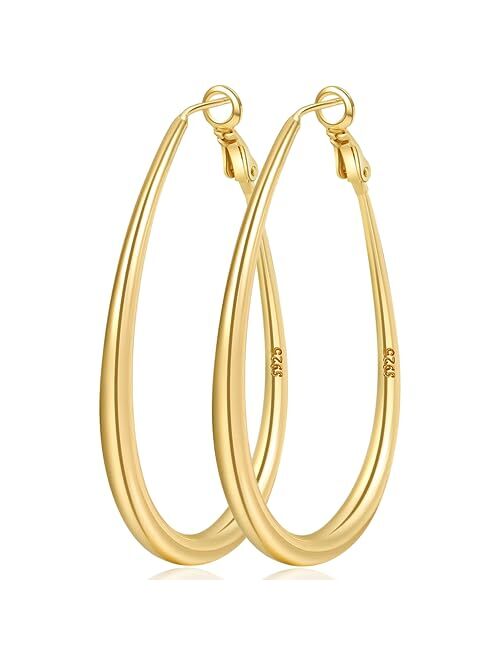 Ooopel Sterling Silver Hoop Earrings,Oval Gold Hoop Earrings for Women Hypoallergenic Big Teardrop Hoop Earrings Diamond-Cut Large Gold Chunky Hoops for Girls 925 Sterlin