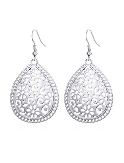 BIRSTONE Light Weight Hollow Fishhook Filigree Teardrop Dangle Earrings