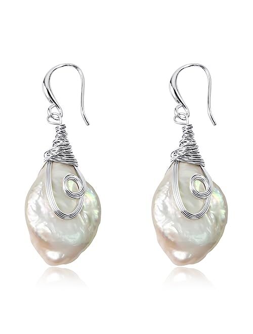 Norvit 25-30mm Freshwater Baroque Keshi Pearl Dangle Drop Earrings For Women