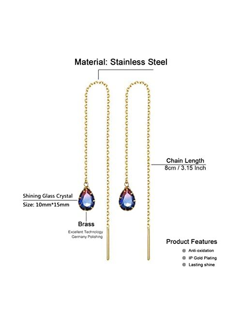 Wanggao Stainless Steel Water Drop Long Chain Earrings for Women Girls Linear Crystal Threader Earrings Jewelry