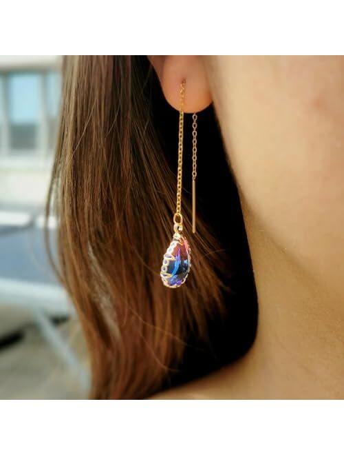 Wanggao Stainless Steel Water Drop Long Chain Earrings for Women Girls Linear Crystal Threader Earrings Jewelry