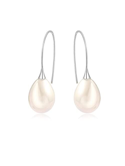 Voaino 925 Sterling Silver Big White Teardrop Pearl Dangle Drop Earrings for Women Lightweight Simple Gold Hoop Dainty Pearl Dangling for Brides Weddings