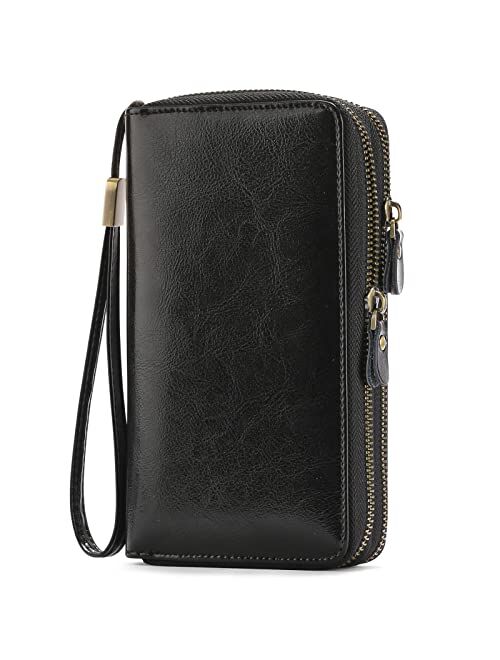 SENDEFN Leather Women Wallet RFID Blocking Zipper Around Phone Holder Clutch Wristlet Large Capacity