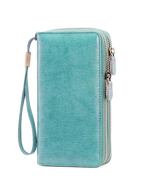 SENDEFN Leather Women Wallet RFID Blocking Zipper Around Phone Holder Clutch Wristlet Large Capacity